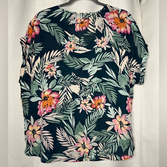 W5 Navy Blue Tropical Print Surplice Blouse - Picture 2 of 7